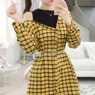 Mock Two-piece Panel Plaid Off-shoulder Long-sleeve Dress