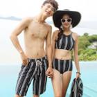 Couple Matching Set: Striped Tankini + Cover-up / Drawstring Striped Swim Shorts