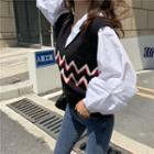 Mock Two-piece V-neck Knit Panel Puff-sleeve Shirt