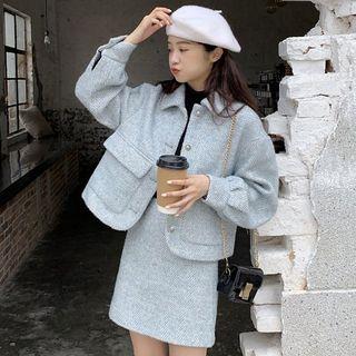 Set: Oversize Plain Woolen Cropped Cardigan + High-waist Woolen Mini Skirt