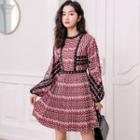 Long-sleeve Print Pleated Mini A-line Dress
