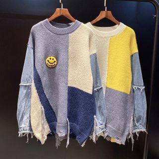 Smiley Face Color Panel Fringe Denim Top
