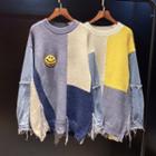 Smiley Face Color Panel Fringe Denim Top