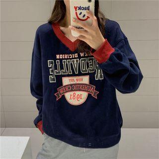 Contrast Trim V-neck Print Sweatshirt