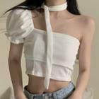 Short-sleeve Mock Two-piece One-shoulder Crop Top White - One Size