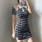 Short Sleeve Cutout Argyle Qipao Dress