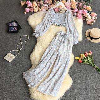 Set: Floral Blouse + Wide Leg Pants