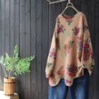 Scallop Hem Floral Print Sweater Khaki - One Size