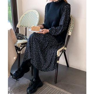 Set: Sleeveless Knit Top + Mandarin-collar Floral Midi Shirtdress Black - One Size
