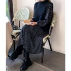 Set: Sleeveless Knit Top + Mandarin-collar Floral Midi Shirtdress Black - One Size