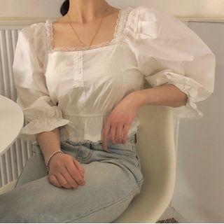 Puff-sleeve Lace Trim Cropped Blouse White - One Size