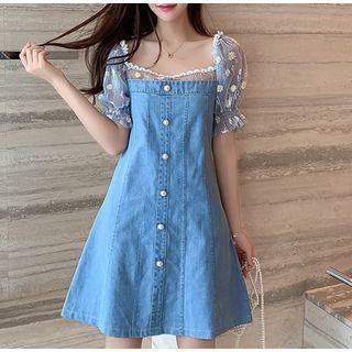 Mesh Panel Puff-sleeve Mini A-line Denim Dress