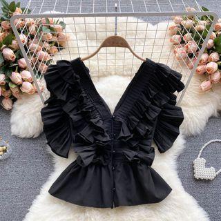 Plain V-neck Ruched Ruffle Top