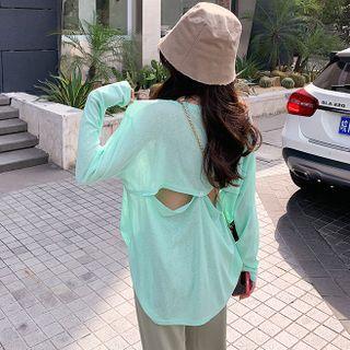 Long-sleeve Plain Open-back Sheer T-shirt
