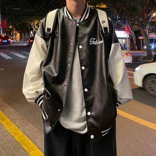 Color Block Faux Leather Baseball Jacket