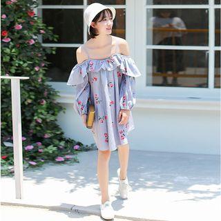 Long-sleeve Off-shoulder Ruffle Embroidery Striped Dress