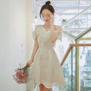 Short-sleeve Off-shoulder Perforated A-line Mini Dress