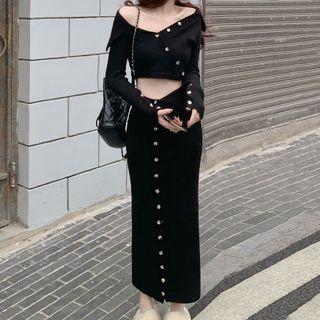 Long-sleeve Asymmetrical Button-up Knit Crop Top / Midi Pencil Skirt