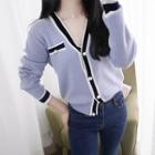 Contrast V-neck Faux-pearl Button Cardigan