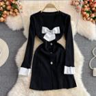 Long-sleeve Bow Accent Mini Sheath Dress Black - One Size