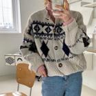 Patterned Cable-knit Cardigan Black & Beige - One Size