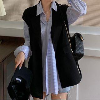 Striped Shirt / Single-button Vest