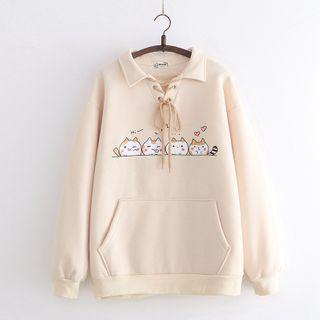 Pocket-detail Cat Print Fleece-lined Lapel Pullover