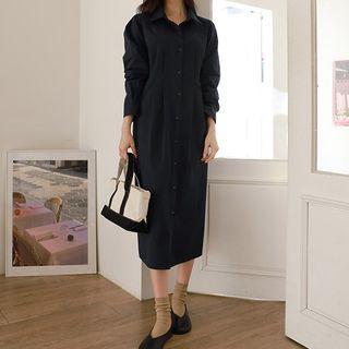 Tie-waist Pleated Long Shirtdress