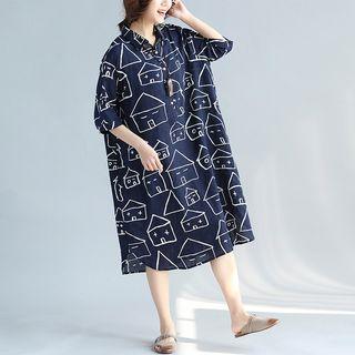 House Print Elbow-sleeve Midi Shirt Dress