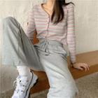 V-neck Single-breasted Rainbow Striped Top