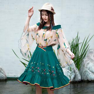 Set: Off-shoulder Ruffled Top + Embroidered Skirt