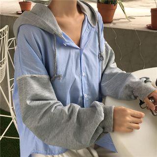 Striped Long-sleeve Loose-fit Hooded Pullover Blue - One Size