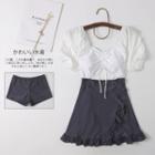 Set: Short-sleeve Two-tone Ruffle Swim Dress + Shorts