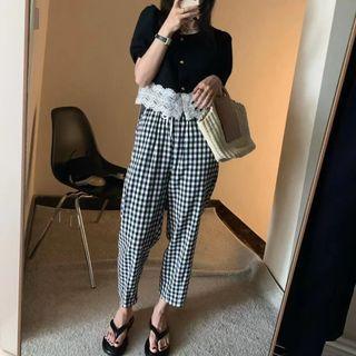 Set: Short-sleeve Lace Panel Blouse + Plaid Pants