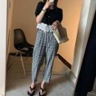 Set: Short-sleeve Lace Panel Blouse + Plaid Pants