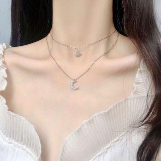 925 Sterling Silver Moon & Star Pendant Layered Necklace Silver - One Size