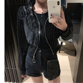 Rhinestone Cropped Zip Hoodie Black - One Size