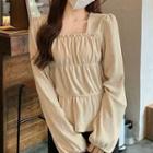 Square-neck Ruched Panel Puff-sleeve Top