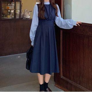 Mock Two-piece Lantern-sleeve Midi A-line Dress