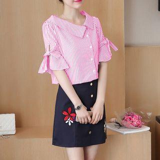 Set: Striped Elbow Sleeve V-neck Shirt + Flower Embroidered A-line Skirt
