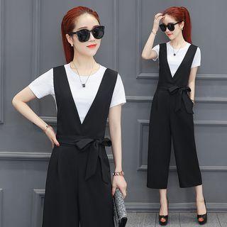 Set: Plain Short Sleeve T-shirt + Plain Pinafore Jumpsuit
