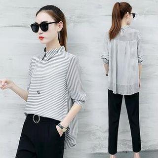 Set: Stripe Short-sleeve Chiffon Blouse + Pants