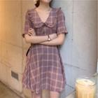 Short-sleeve Plaid Frill Trim A-line Mini Dress