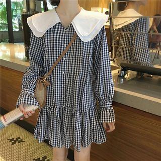 Peter-pan-collar Plaid Long-sleeve Dress As Shown In Figure - One Size