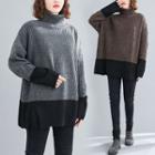 High-neck Color-block Slit-hem Knit Sweater