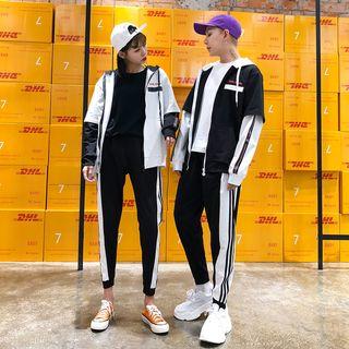 Couple Matching Mock Two-piece Zip Hooded Jacket