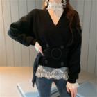 Stand Collar Sheer Lace Blouse / Double-breasted Cardigan