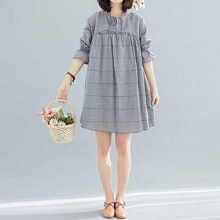 Elbow-sleeve Plaid Linen Dress