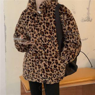 Stand Collar Leopard Print Fleece Jacket