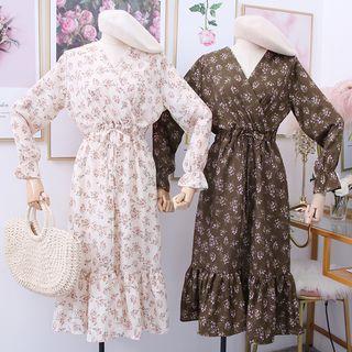 Drawstring-waist Floral Midi Dress